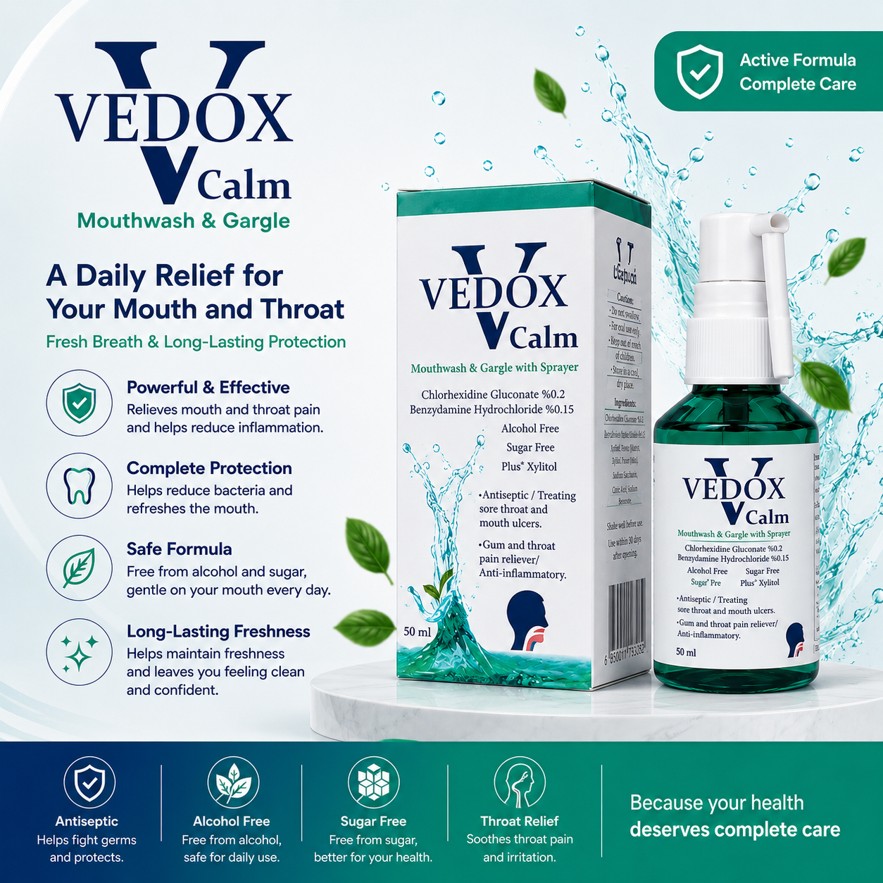 Vedox CALM Mouthwash and Gargle campaign — daily relief for mouth and throat